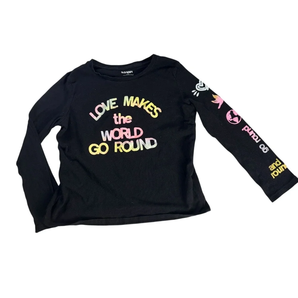 Old Navy Girls Black Long Sleeve Shirt Love Makes The World Go Round Graphic M 8